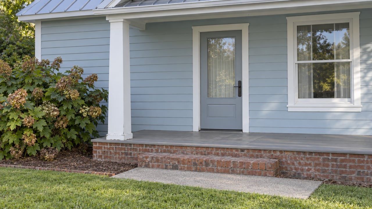 Pale-blue cottage entry with a white porch column, brick steps, and an oakleaf hydrangea in afternoon light.