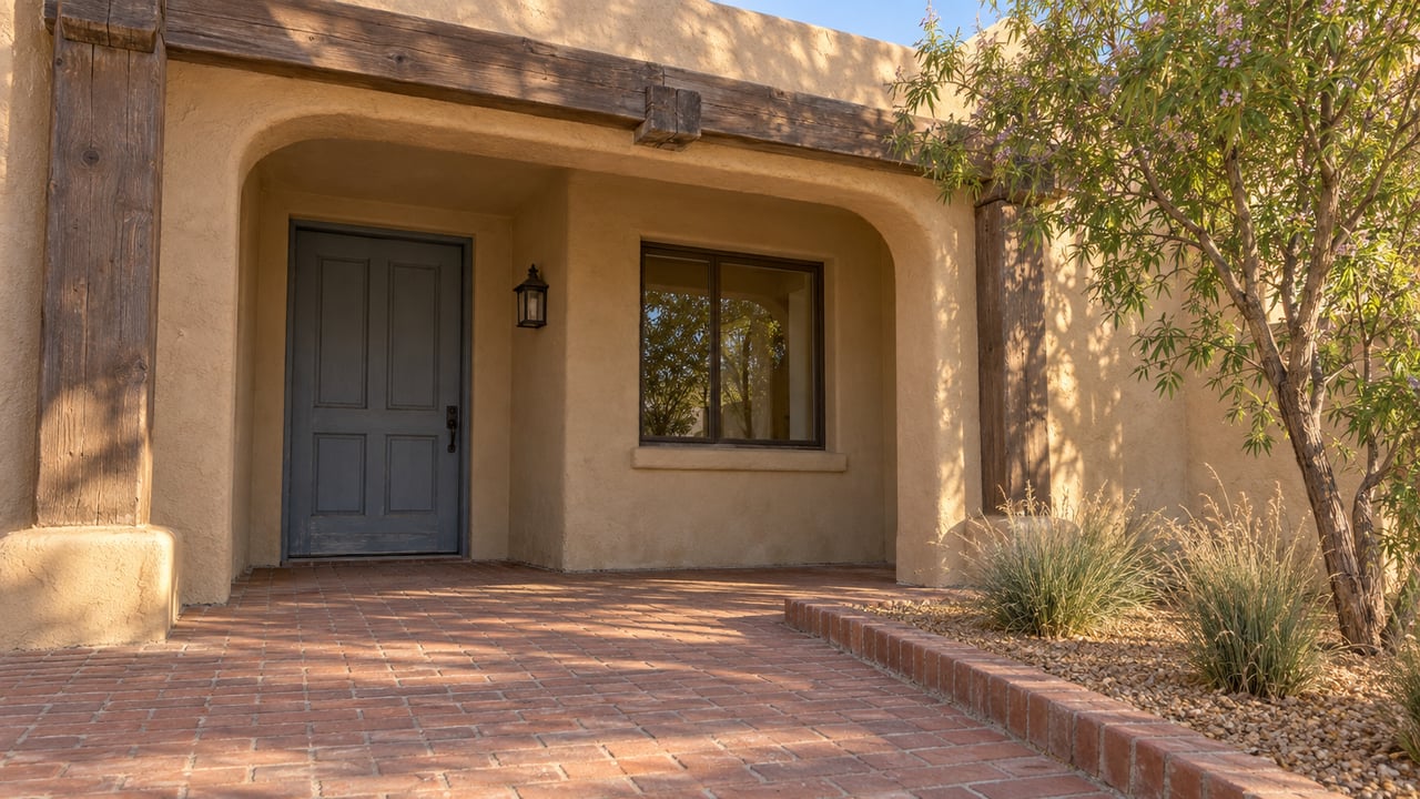 Sandy stucco home with an arched timber porch, weathered blue-gray door, brick walkway and a desert willow.