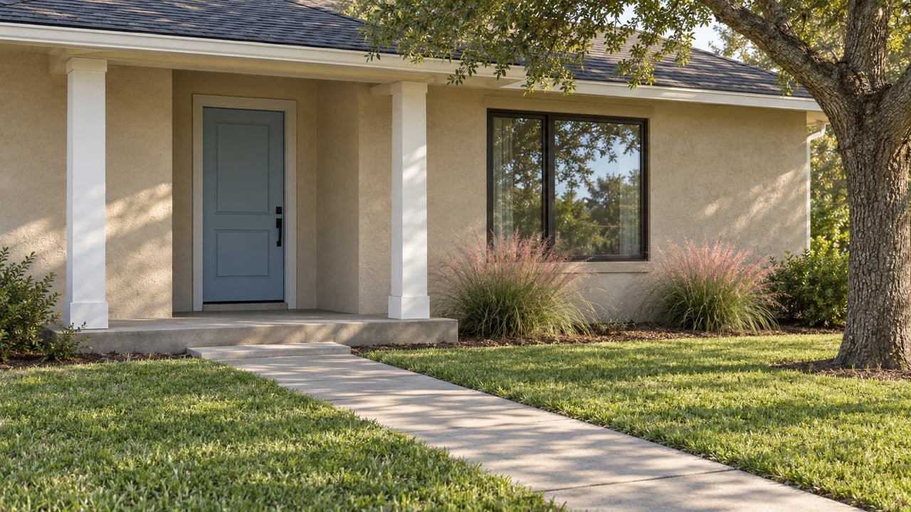 Sand-colored home with a pale-blue front door, concrete walkway, broad lawn, and oak canopy.