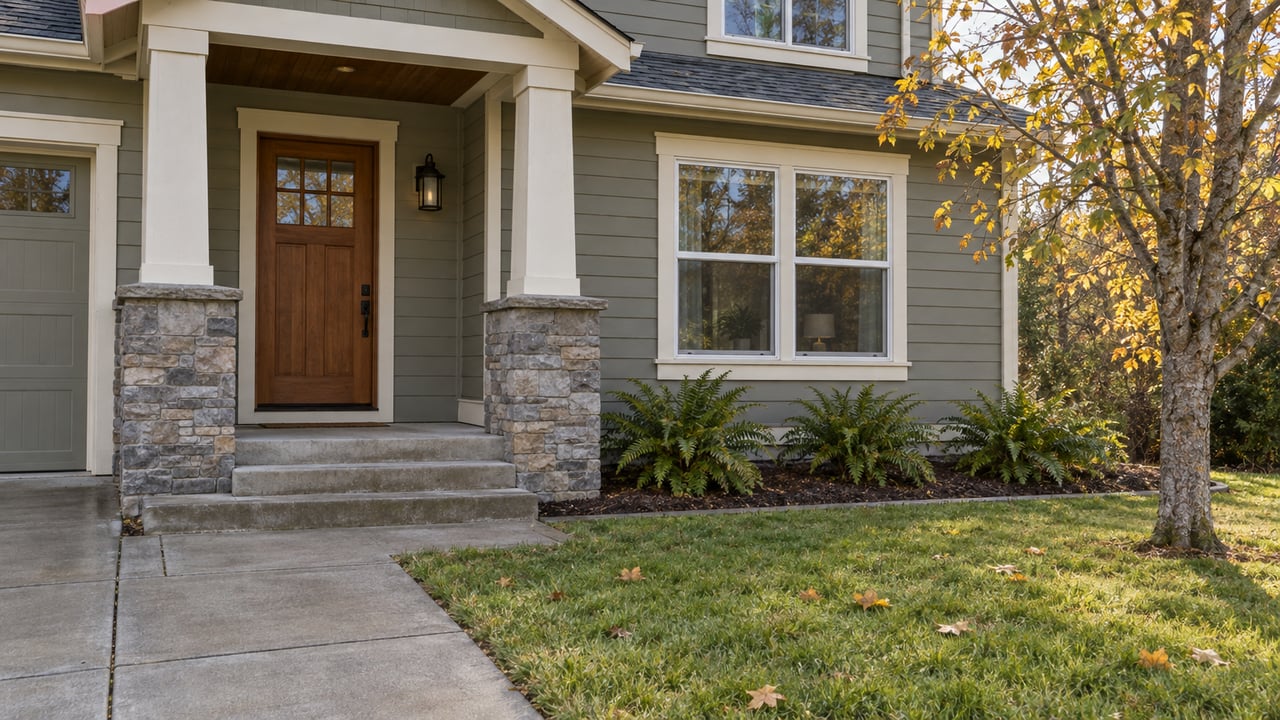 Autumn morning light on a gray-green home with a stone-based covered porch, concrete approach and yellow-leaved maple.