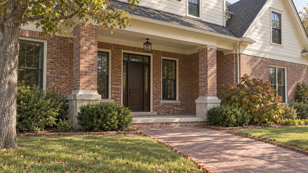 Brick-and-cream two-story house with a recessed oak entry, flanking windows, and a tree branch overhead.