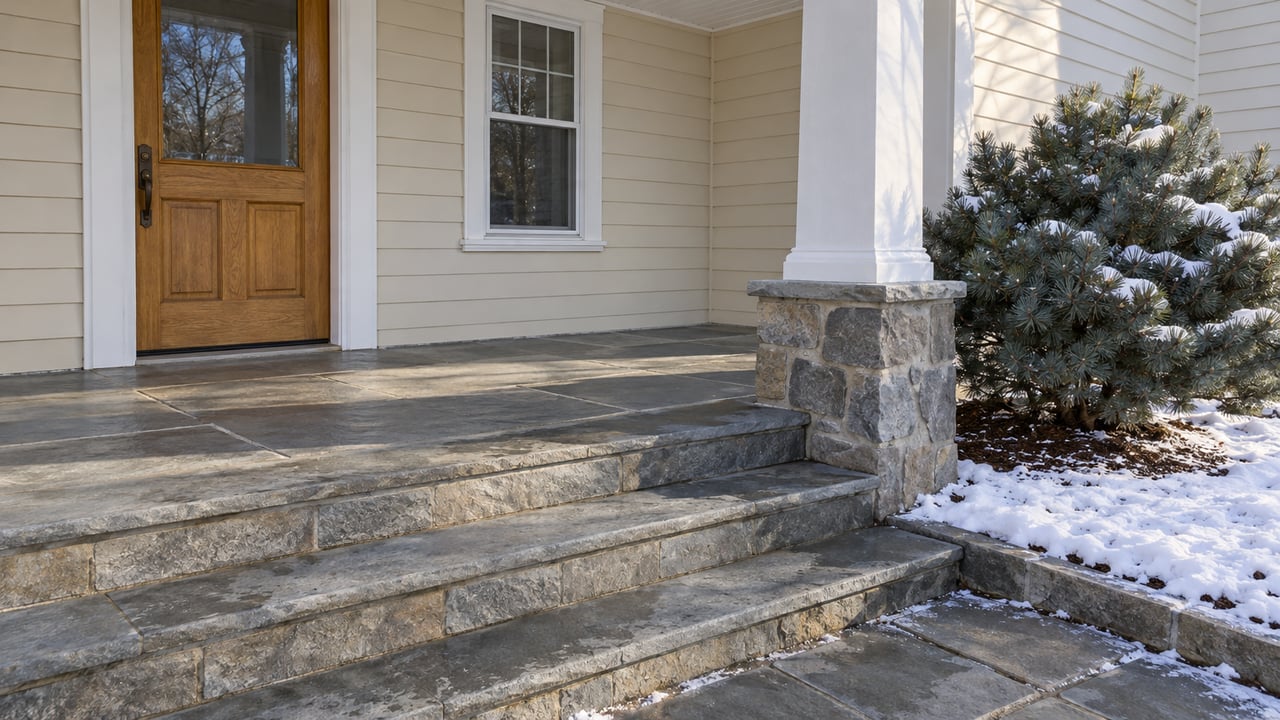 Cream-sided home with an oak front door, stone porch pier and bluestone steps beside a snow-covered dwarf white pine.