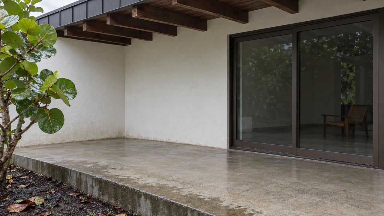 Rain-damp concrete terrace beneath a hardwood roof overhang, with bronze-framed glass doors and a sea-grape specimen beside the raised slab.