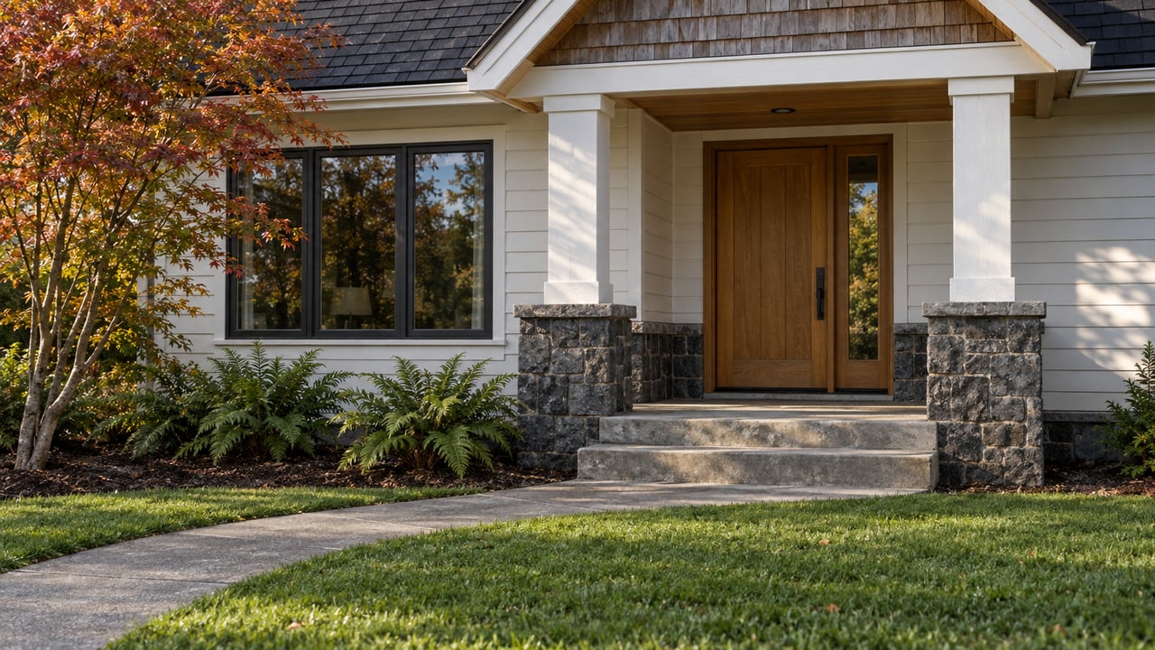 White-sided gabled home with a timber porch, basalt foundation, curved concrete walk, and autumn vine maple beside a deep green lawn.