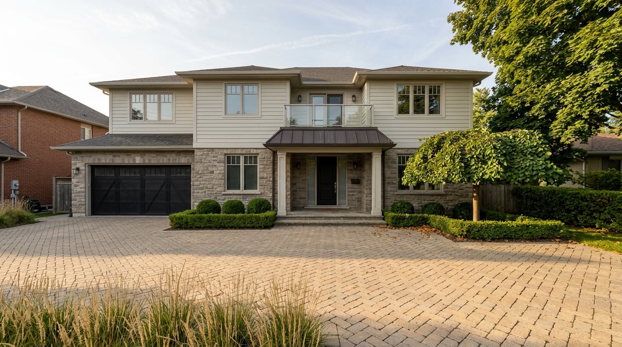 Two-story suburban home with a stone-and-siding facade, black garage door, and herringbone paver driveway.