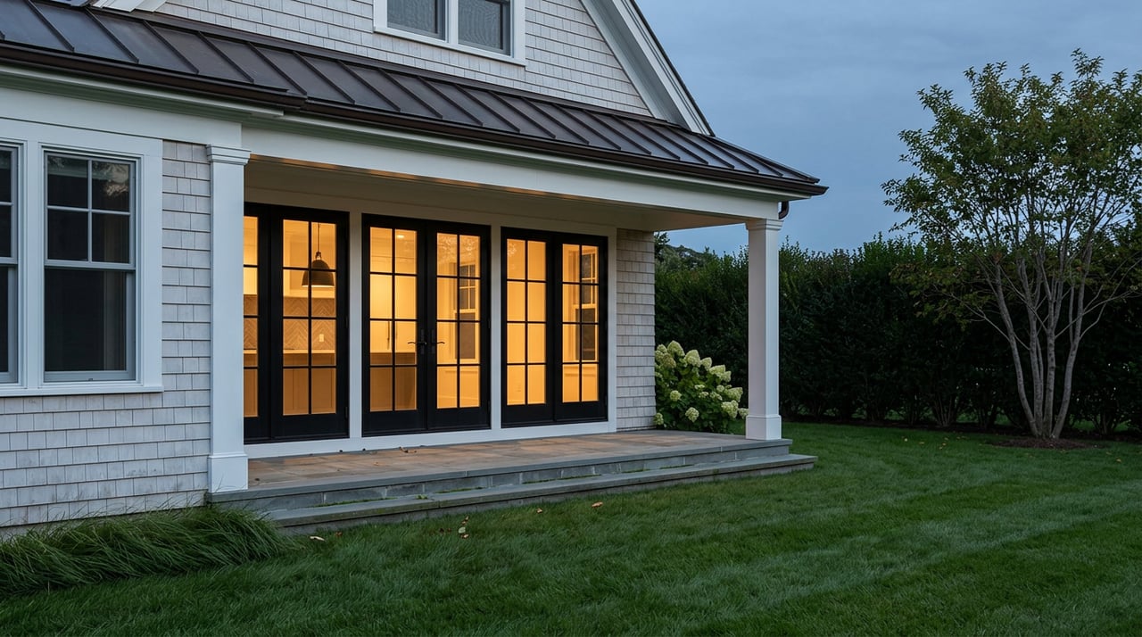 Coastal shingle home’s covered porch glows through divided-light French doors above a lawn and bluestone terrace at dusk.
