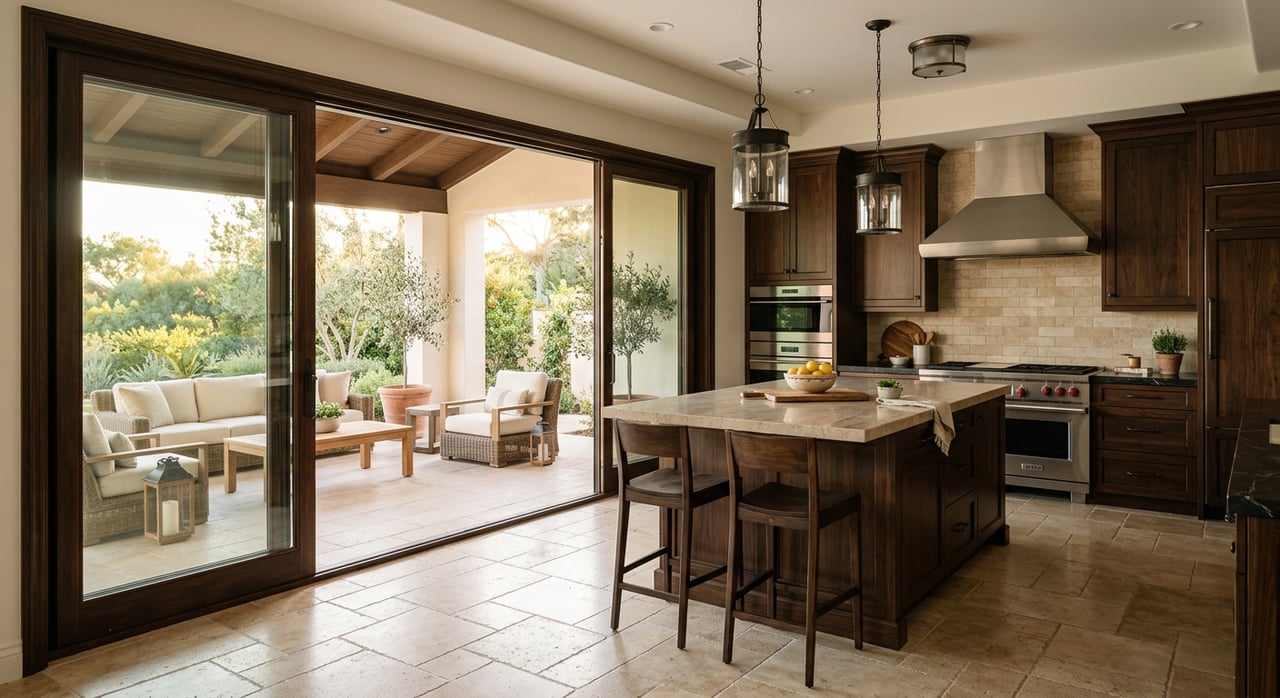 Walnut kitchen island with quartzite countertop, three leather stools, and a glass door opening onto a planted patio.