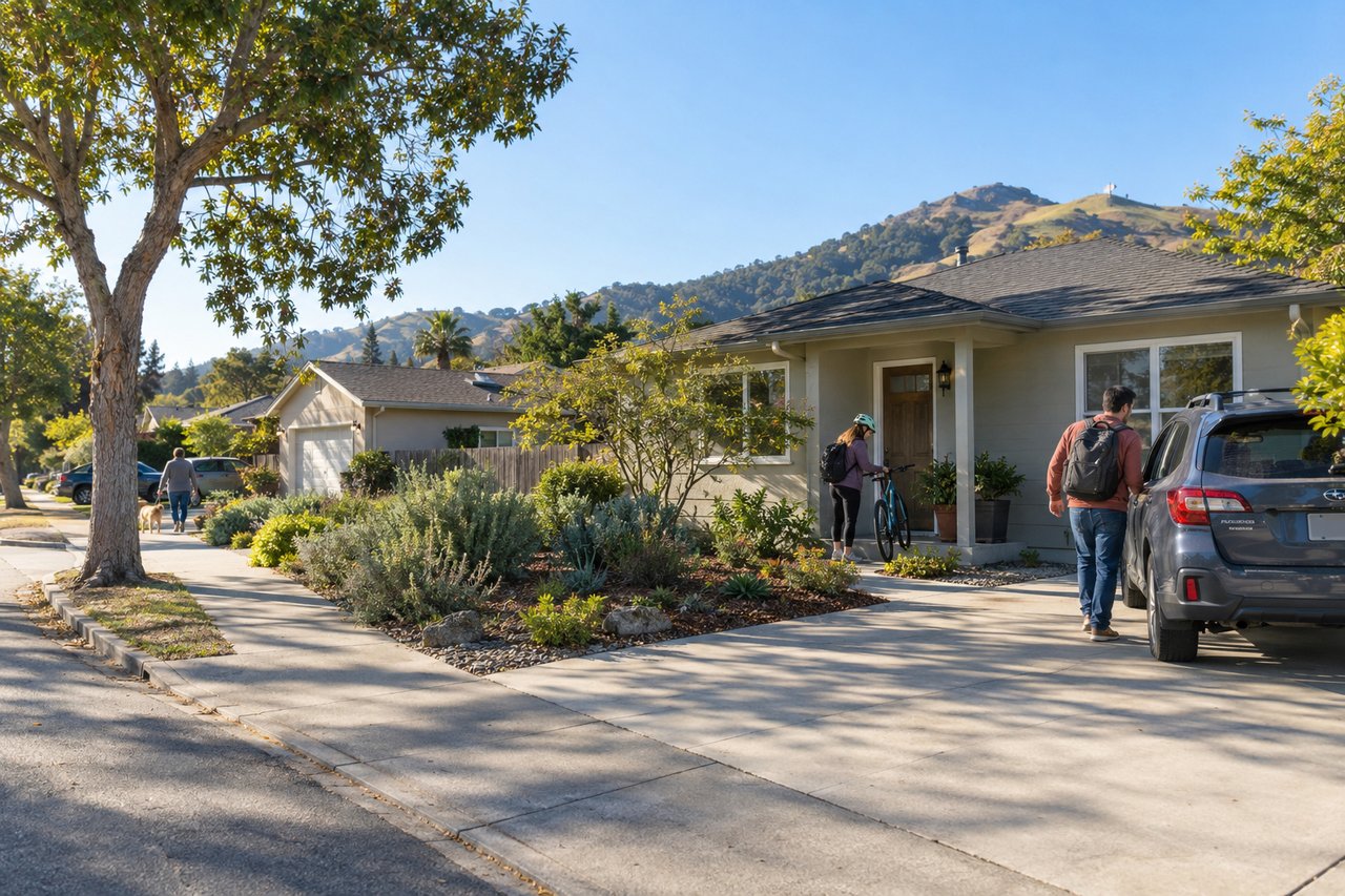 Long-term tenants leave a modest Central Coast rental home as nearby residents go about ordinary daily routines in an established neighborhood.