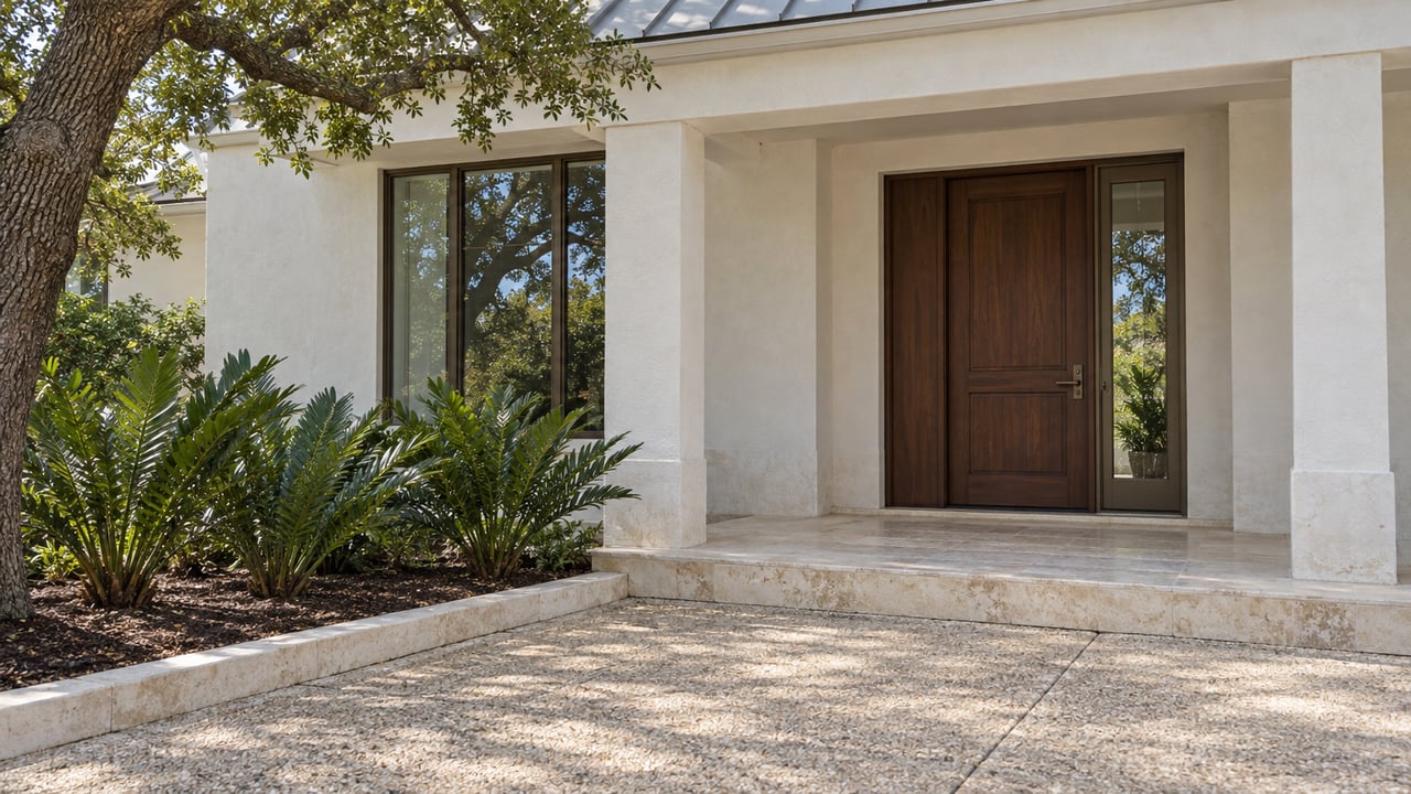 Covered ivory-stucco home entrance with mahogany door, bronze-framed glazing, limestone porch and coontie planting beneath a live oak.