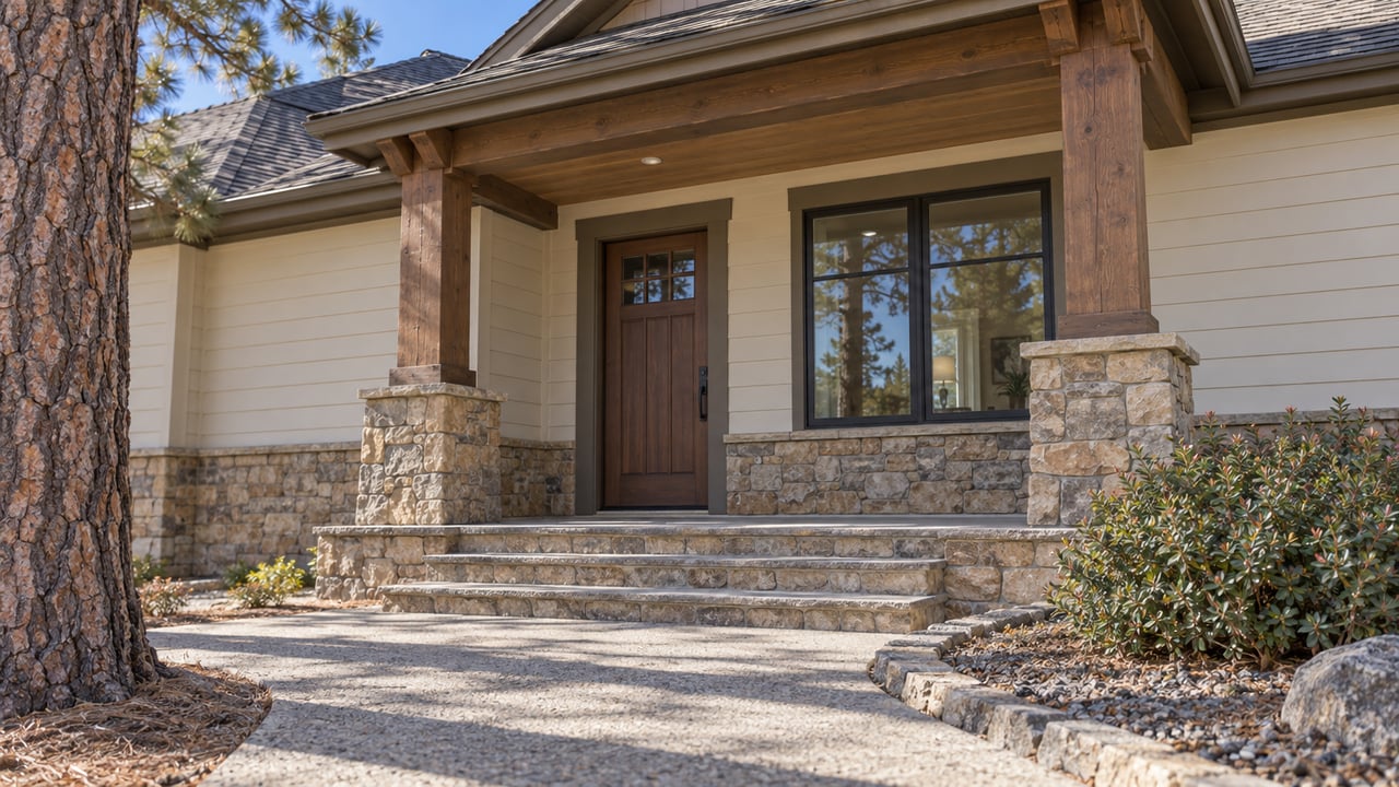House porch with stone piers, shallow steps, a black-framed window, and a pine tree at the edge.
