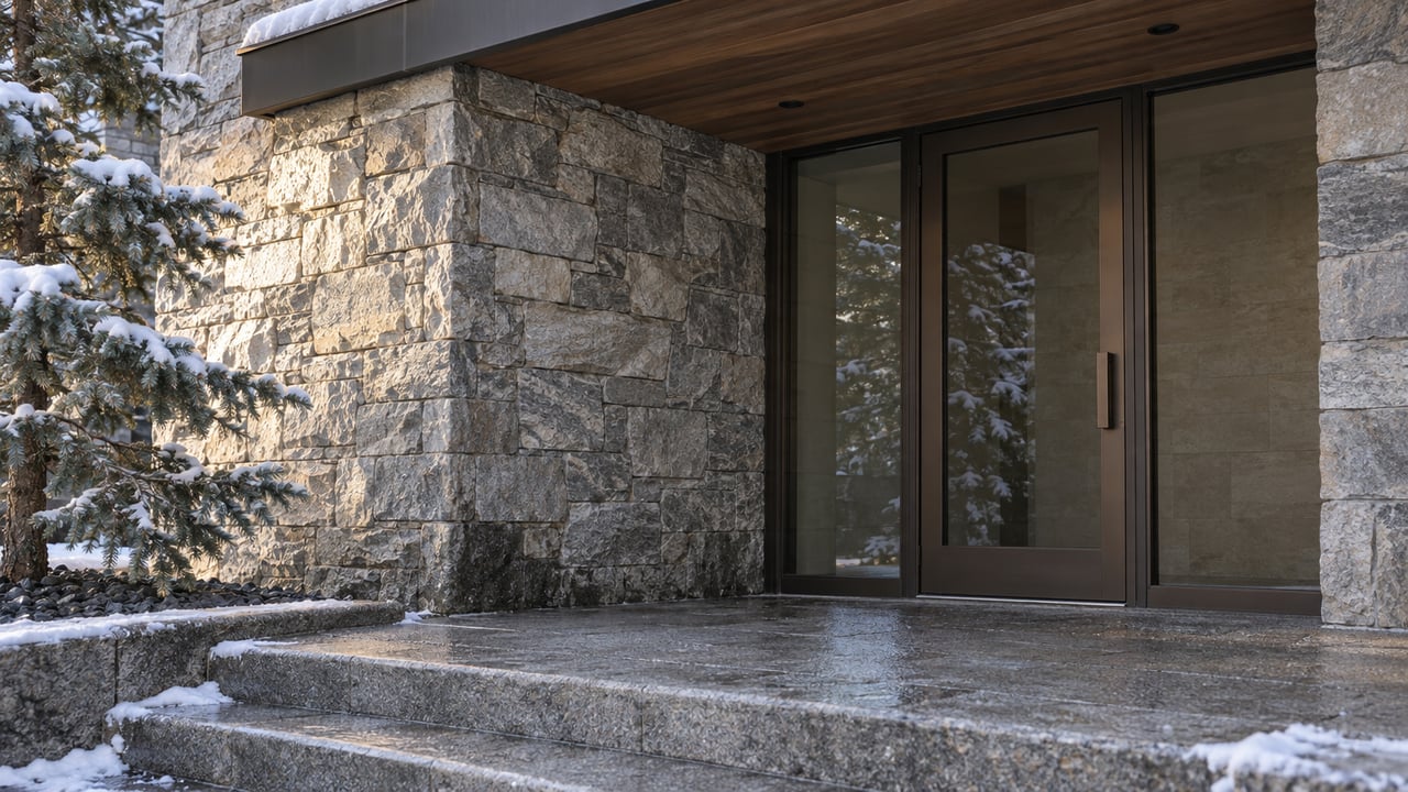 Snow dusts a bronze roof edge and evergreen branch beside a quartzite and cedar residential entrance, with damp granite steps below.