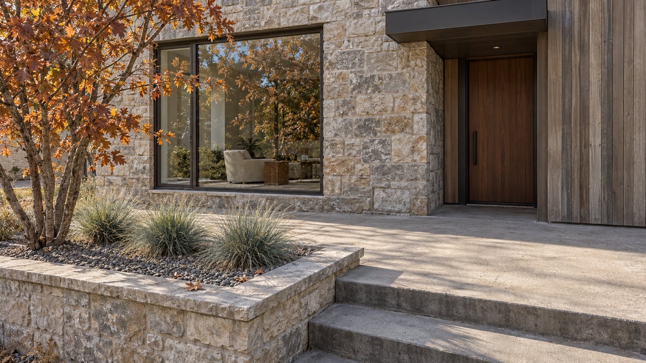 Contemporary townhome entrance with limestone walls, weathered timber siding, bronze-framed glass and a small oak beside a concrete terrace.