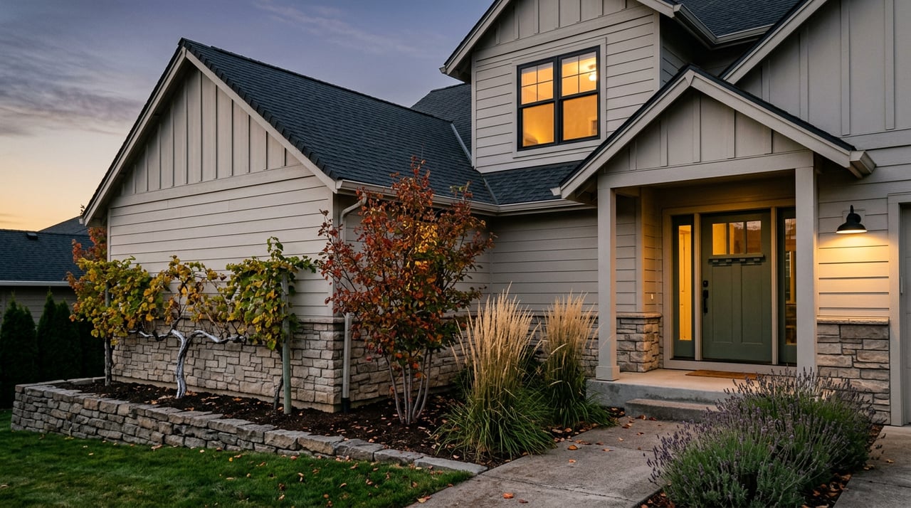 Two-story home at dusk with a glowing upstairs window, sage-green entry door, and stone garden wall lined with golden foliage.