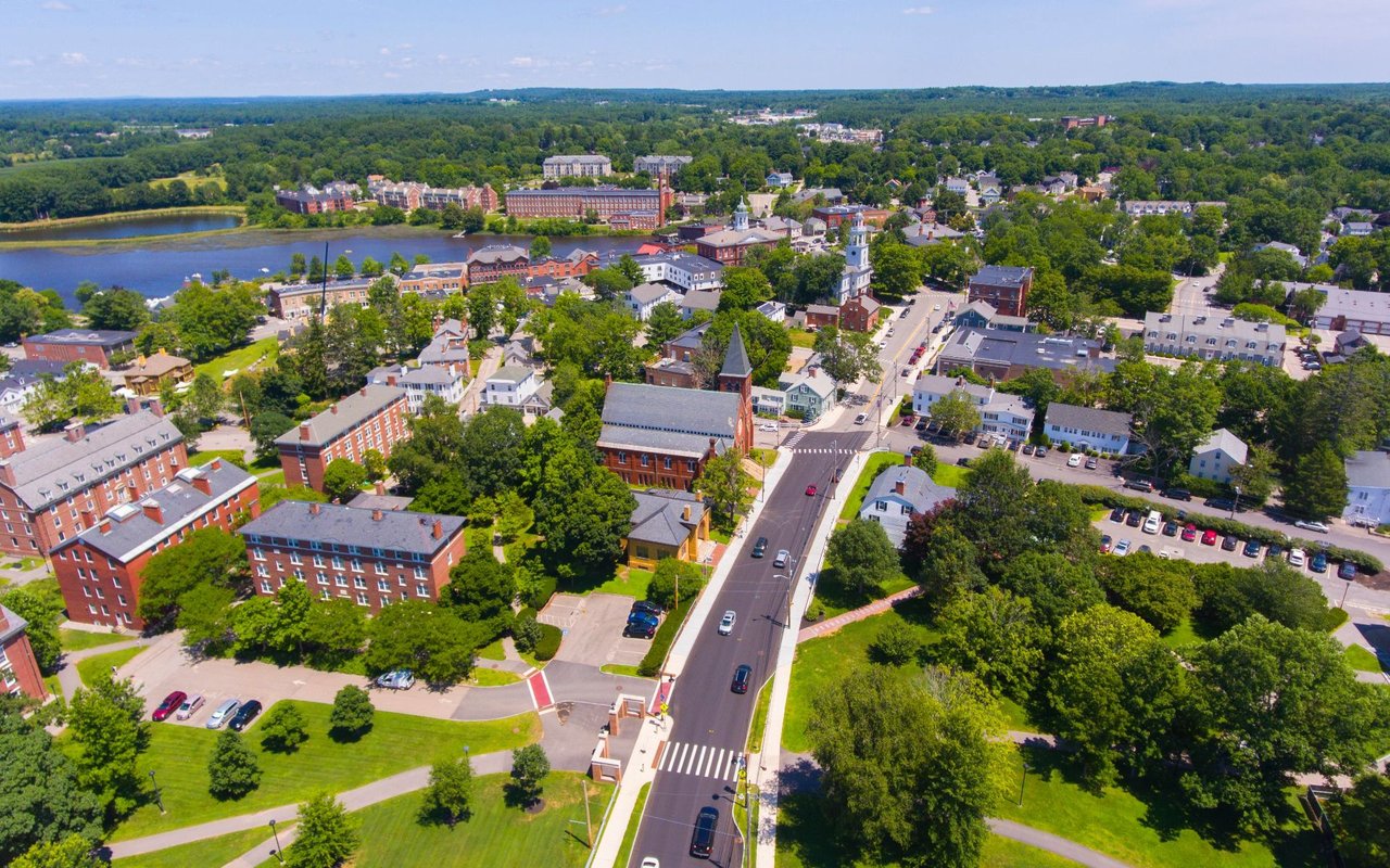 Aerial view of a leafy town center with a main road, brick buildings, and a pond.