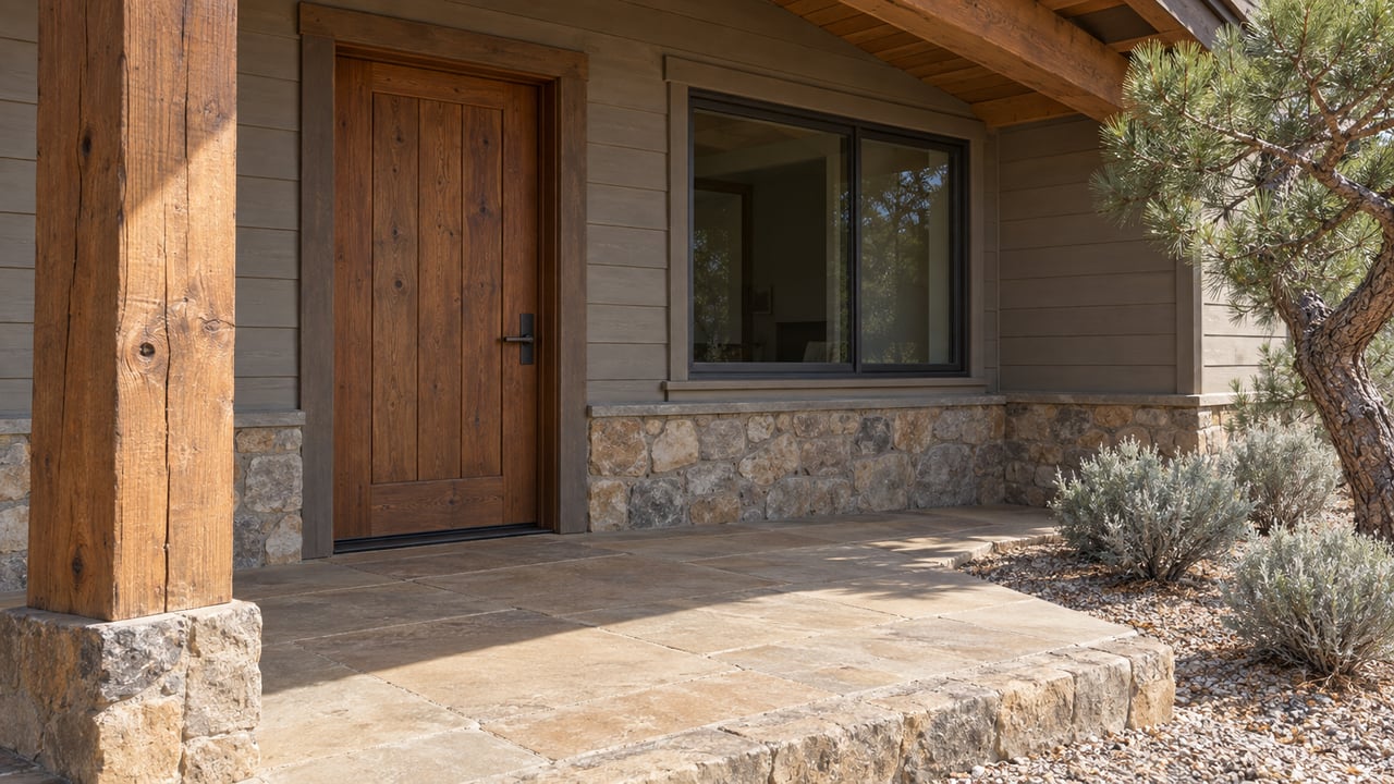 Timber porch framing a wood front door and broad window, with worn sandstone paving and a stone-bordered gravel planting bed.