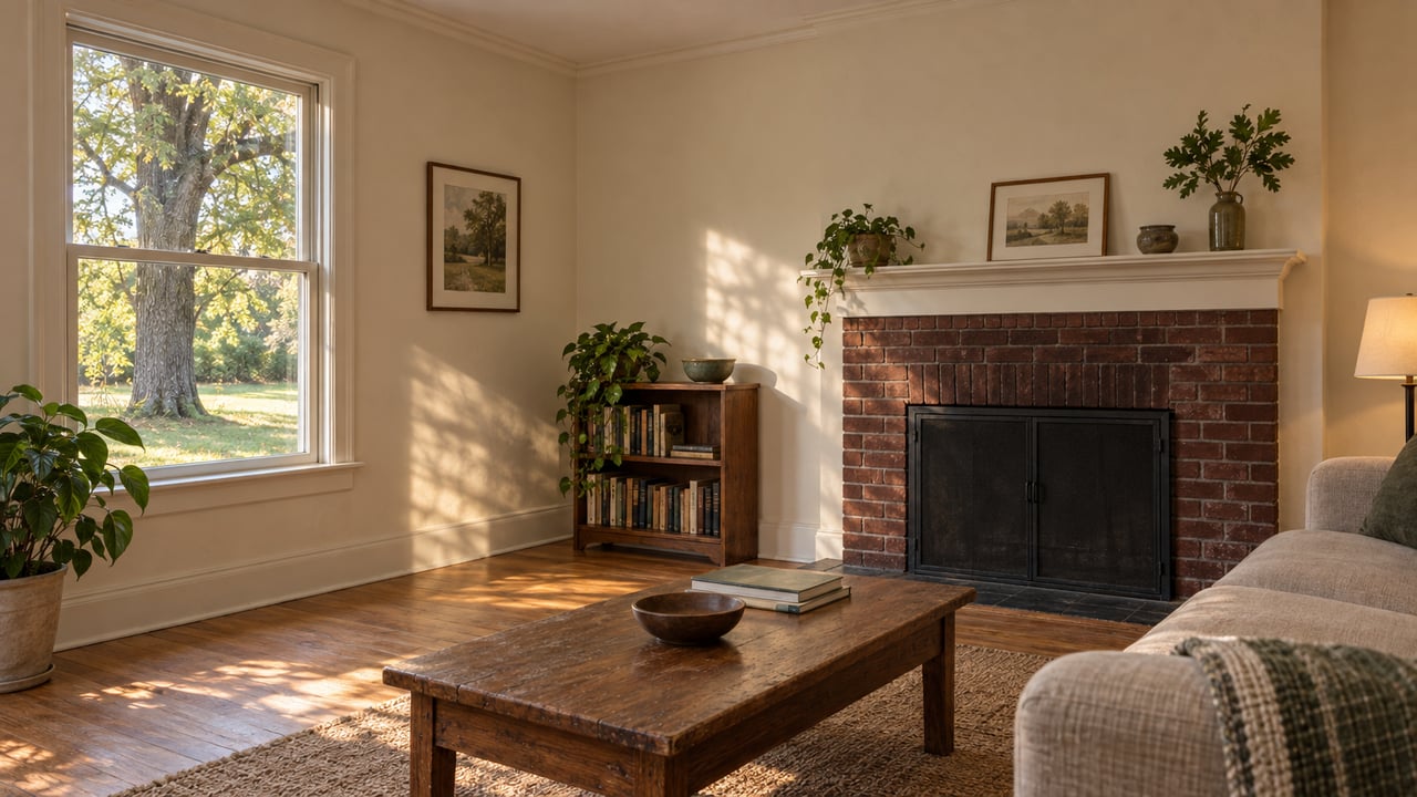 Compact living room with a red-brick fireplace, linen sofa, worn oak floor, and garden visible through a window.
