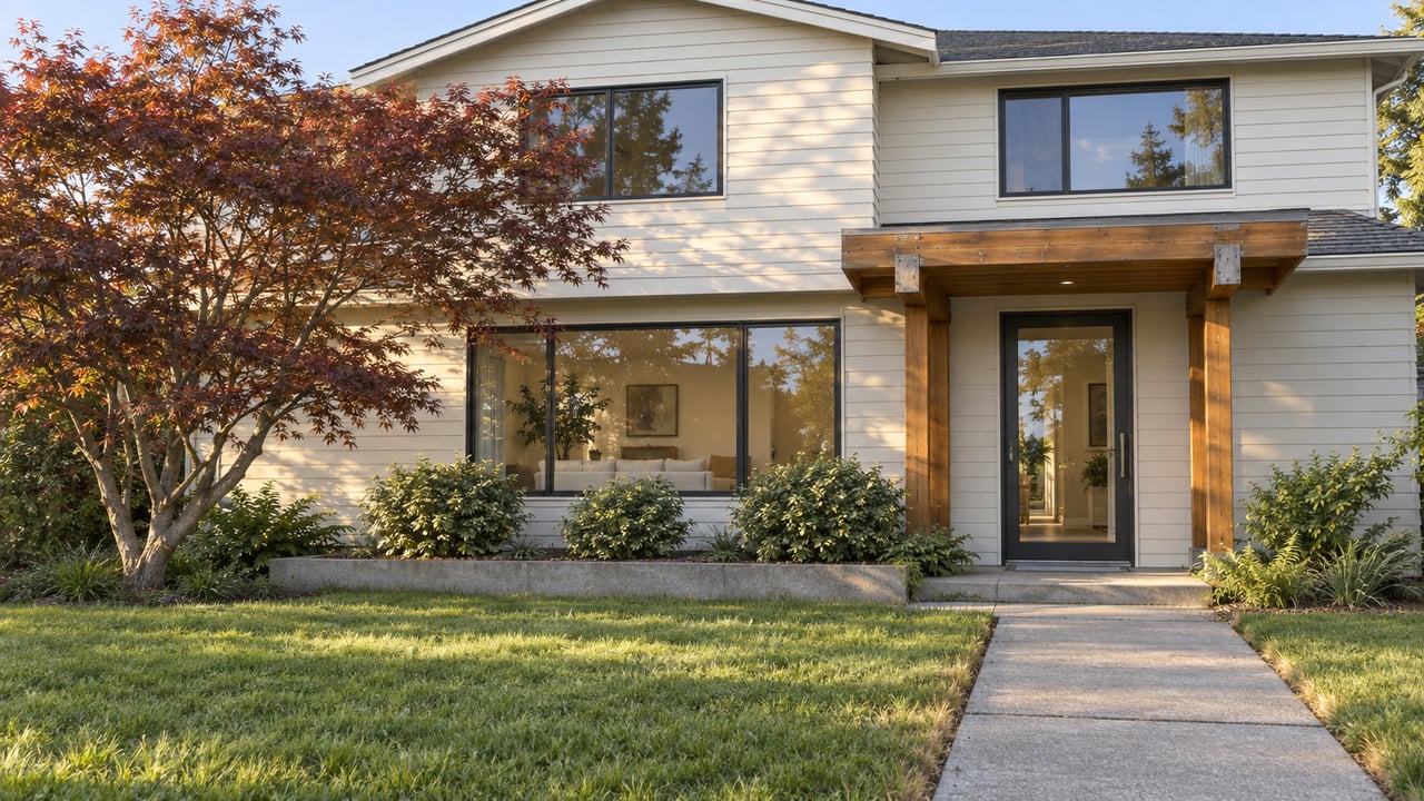 Two-story home with off-white siding, dark-framed windows and a timber entry canopy beyond a green lawn and concrete front walk.