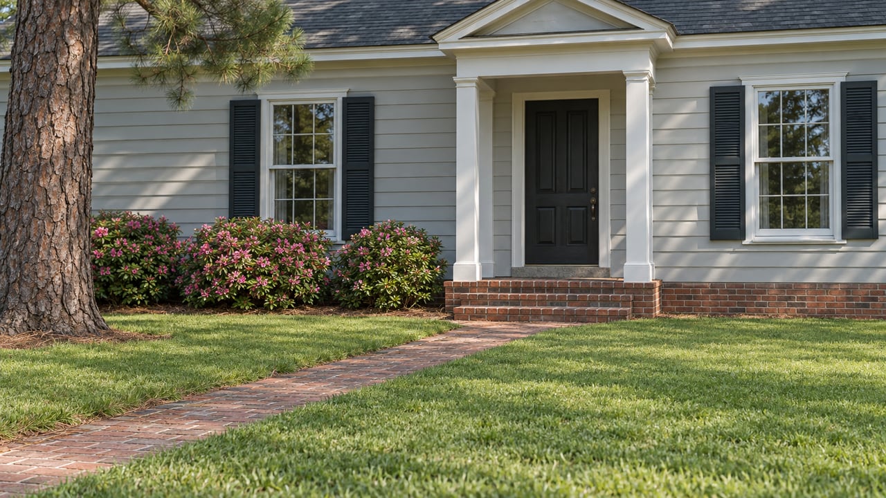 Pale-gray house with dark shutters and timber door, brick path crossing a broad lawn beneath a pine.