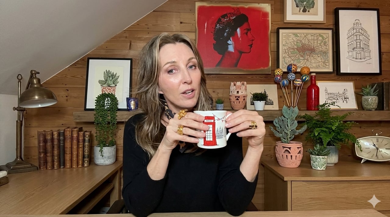 Woman holding a red telephone booth mug in a wood-paneled room filled with art and plants.