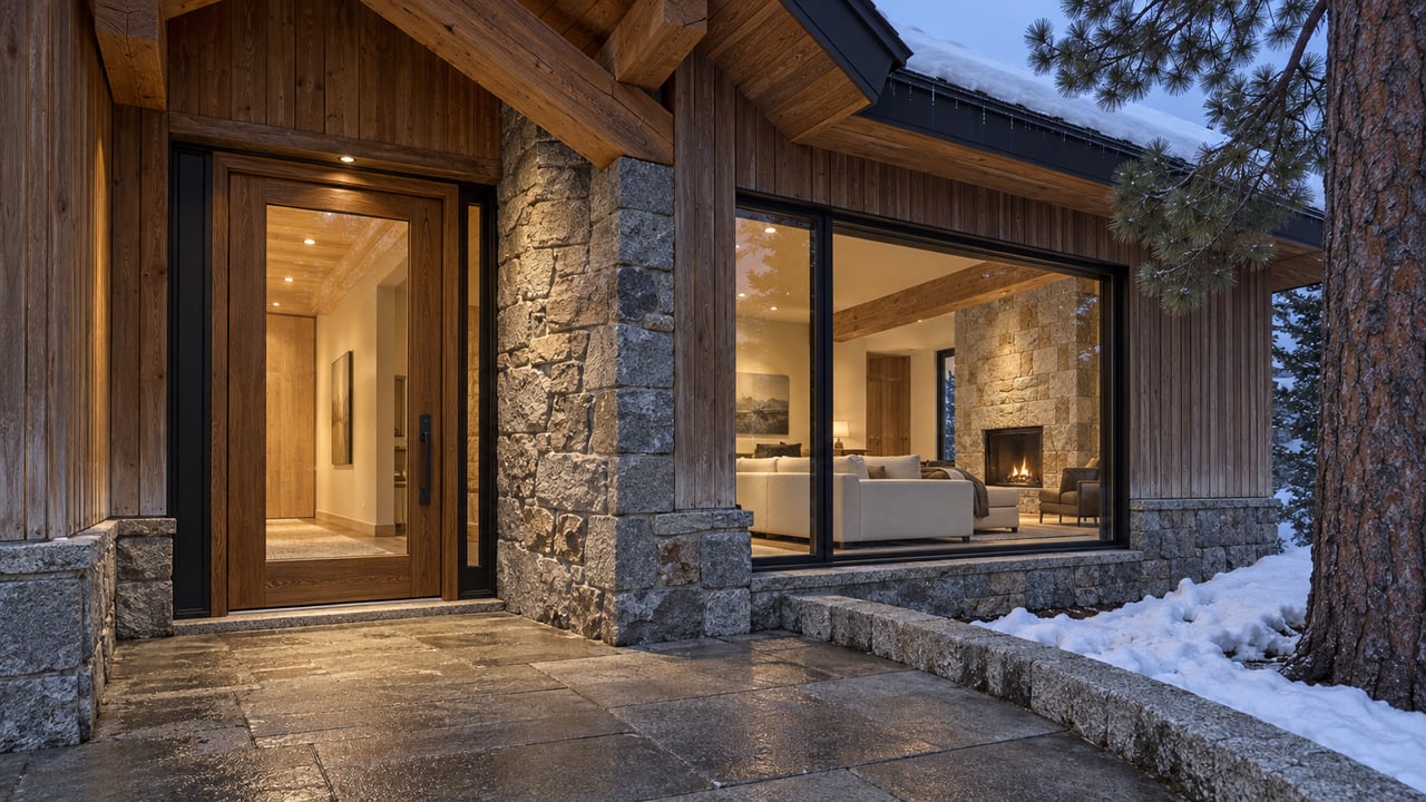 Snow rests beside a granite entry landing beneath a timber gable, with warm light behind a closed glass door and broad window.