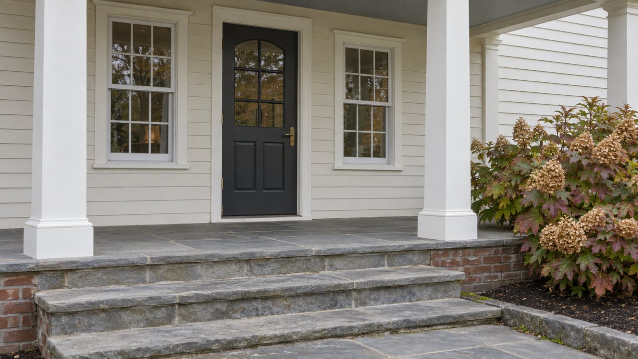 Traditional home's ivory clapboard entry with charcoal arched-glass door, paired windows, bluestone steps and an oakleaf hydrangea.