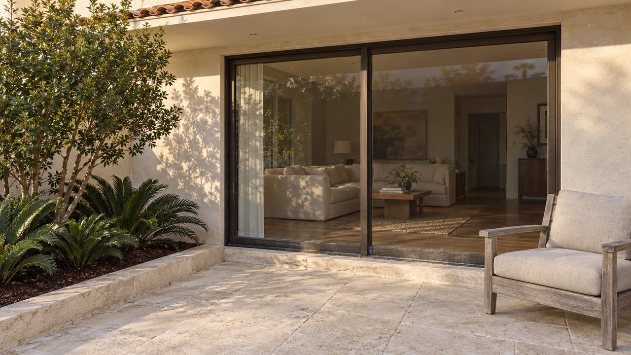 Cream stucco home with closed bronze-framed glass doors, a pale stone terrace, one weathered teak chair, and a sculptural yaupon holly above coontie planting.
