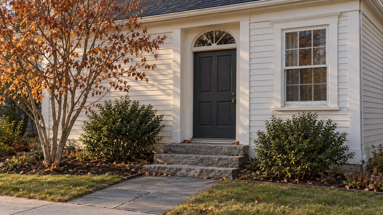 Off-white cottage entry with a dark door, granite steps, bluestone walk, and a small tree with copper leaves.