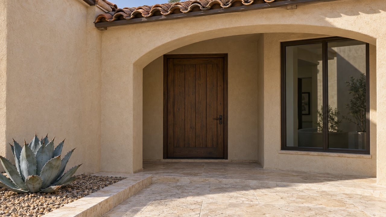 Buff stucco arched residential entry with an oak door, clay roof tiles, limestone paving, and a single blue-gray agave.