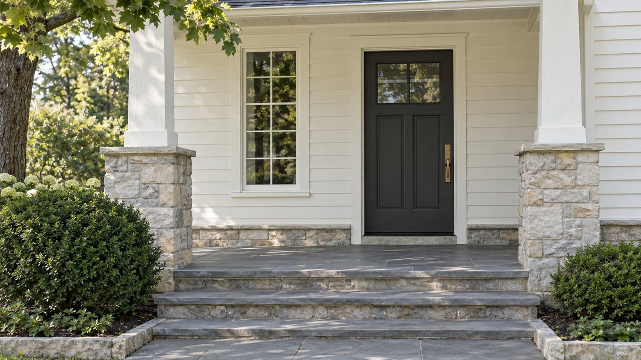 Recessed charcoal door with a glazed upper pane, beside a divided-light window and bluestone steps.