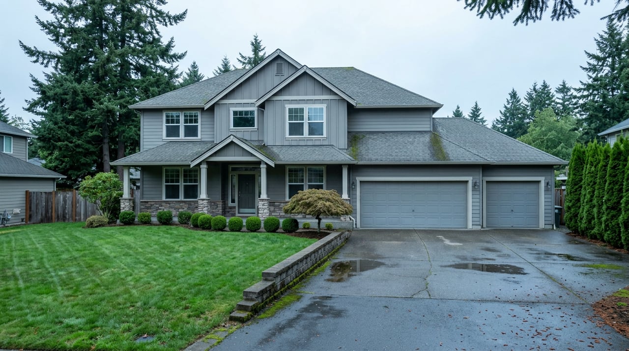 Two-story taupe-blue house with a three-car garage, wet driveway puddles, and a Japanese maple by the entry.
