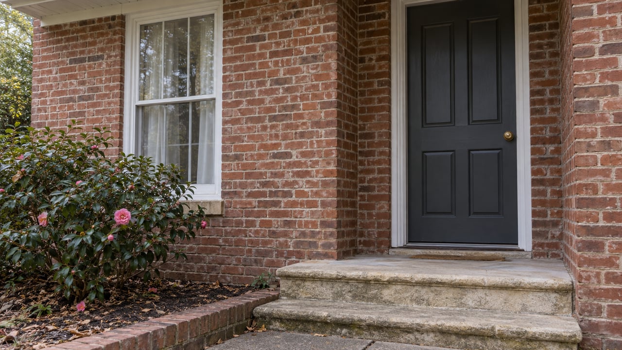Red-brown brick house entry with a white double-hung window, recessed charcoal door, limestone steps, and camellia.