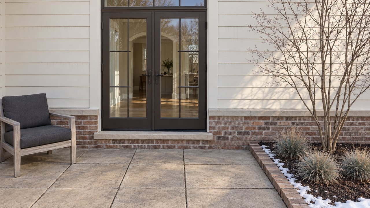 Cream-sided home with closed bronze-framed French doors, brick foundation, a teak chair, and winter planting beside a paved terrace.