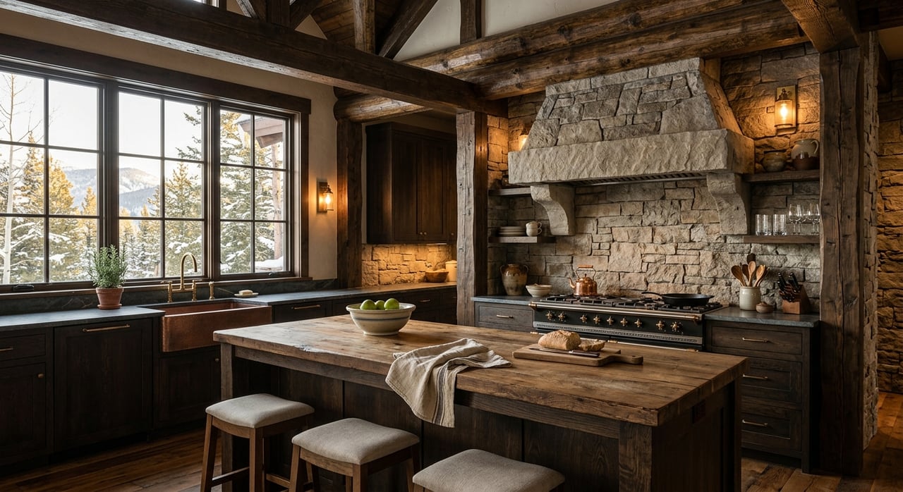 Oak island faces a stone range hood beneath timber beams, with tall windows at left.