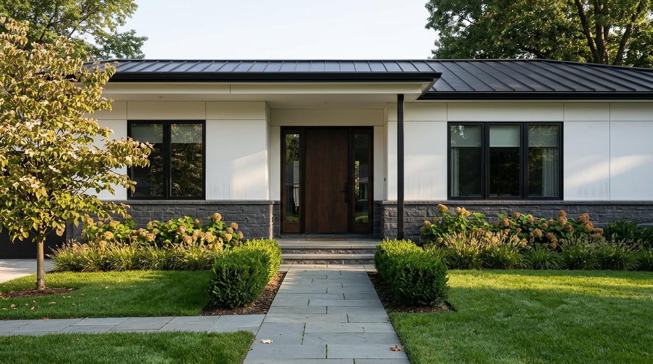 Modern white home with a walnut entry door, black-framed windows, and a bluestone walkway across a dewy lawn.
