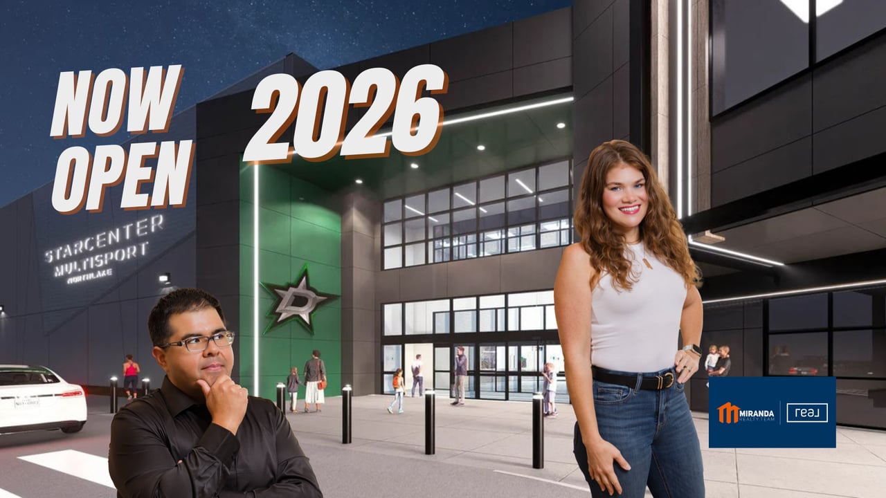 Edson and Paige Miranda of Miranda Realty Team standing in front of Children's Health StarCenter Multisport Northlake rendering, now open March 31, 2026, Northlake Texas