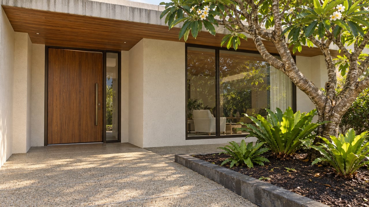 Wood-soffited entrance and bronze-framed window of a cream contemporary home, beside a mature branching plumeria and bird's-nest ferns.