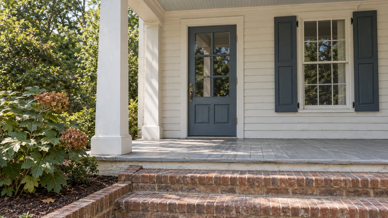 Raised white clapboard porch with a blue-gray glazed door, paired window shutters, weathered brick steps and oakleaf hydrangea.