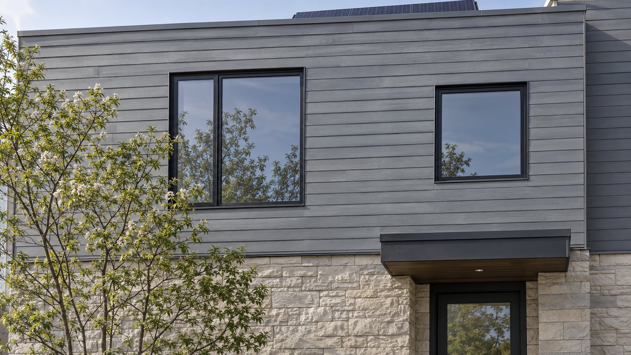 Two-story attached home with gray siding, pale stone base, black-framed windows, and a small sidewalk planting.