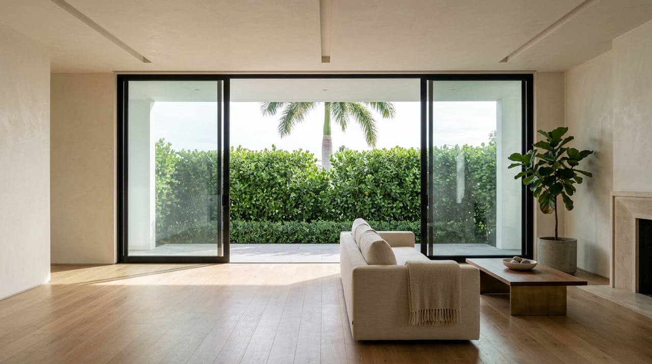 Great room with a cream sofa, oak floors, and black-framed glass doors opening onto a hedge-lined terrace.