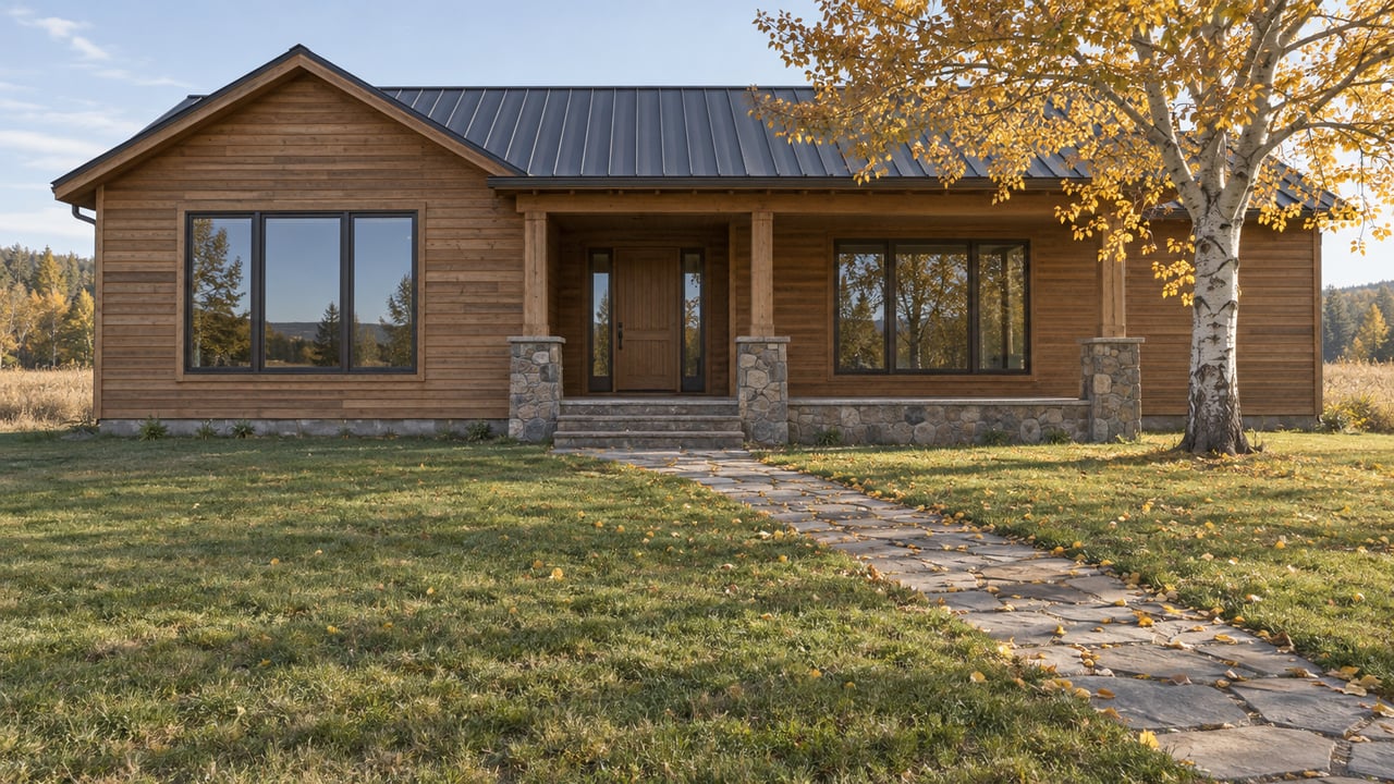 Cedar-clad rural home with a stone path across the lawn and an amber-leaved aspen beside the porch.