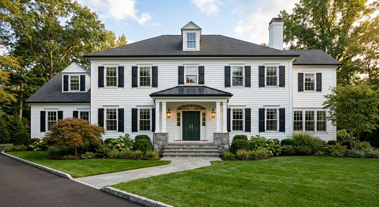 White clapboard colonial home with black shutters, stone stoop, bluestone walk, hedges, and mature trees.