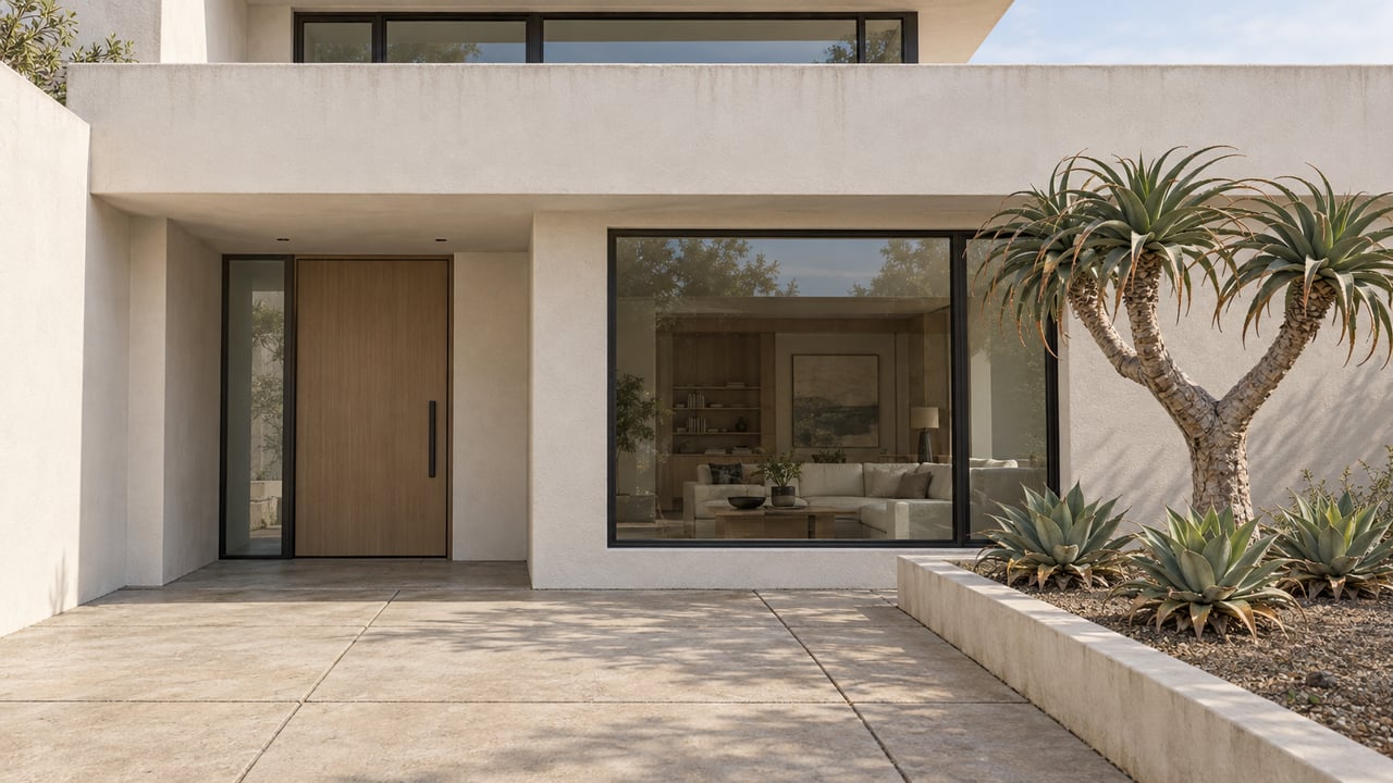 Warm-white modern home with a recessed oak entry, broad pale paving and a sculptural aloe beside closed black-framed windows.