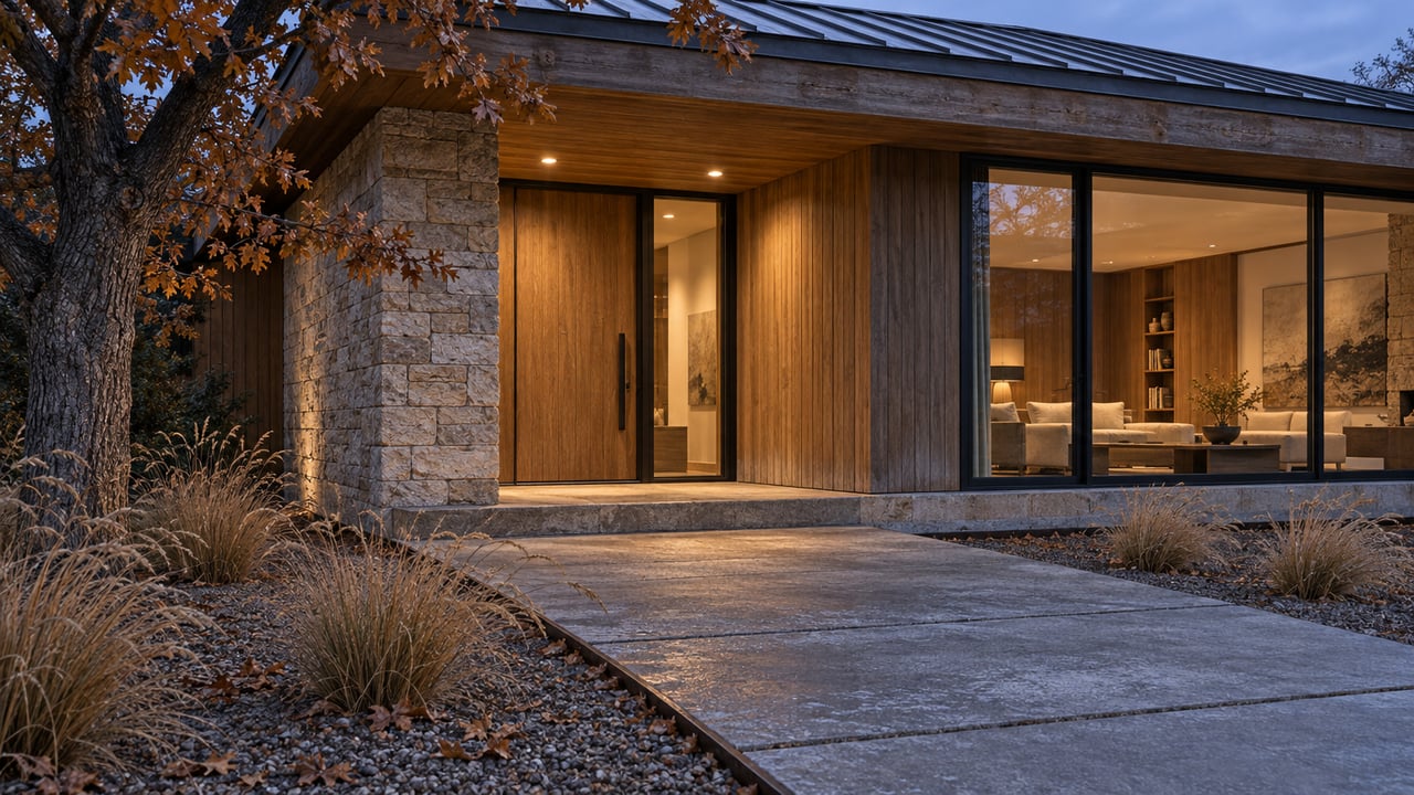 Timber-and-stone home entry at blue hour, with enclosed black-framed windows and dormant ornamental grasses beside a broad paved approach.