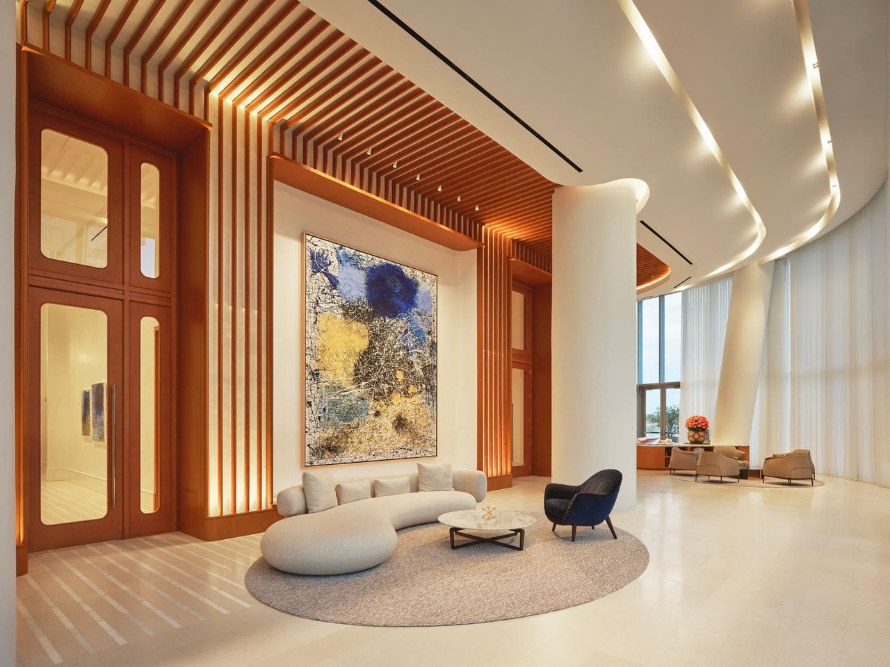Main Lobby at UNA Residences on the Brickell waterfront in Miami, Florida.