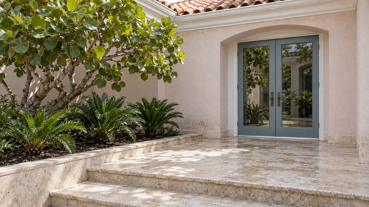 Pale blush stucco residence with white glazed double doors, shell-limestone entry steps and sculptural seagrape planting after rain.