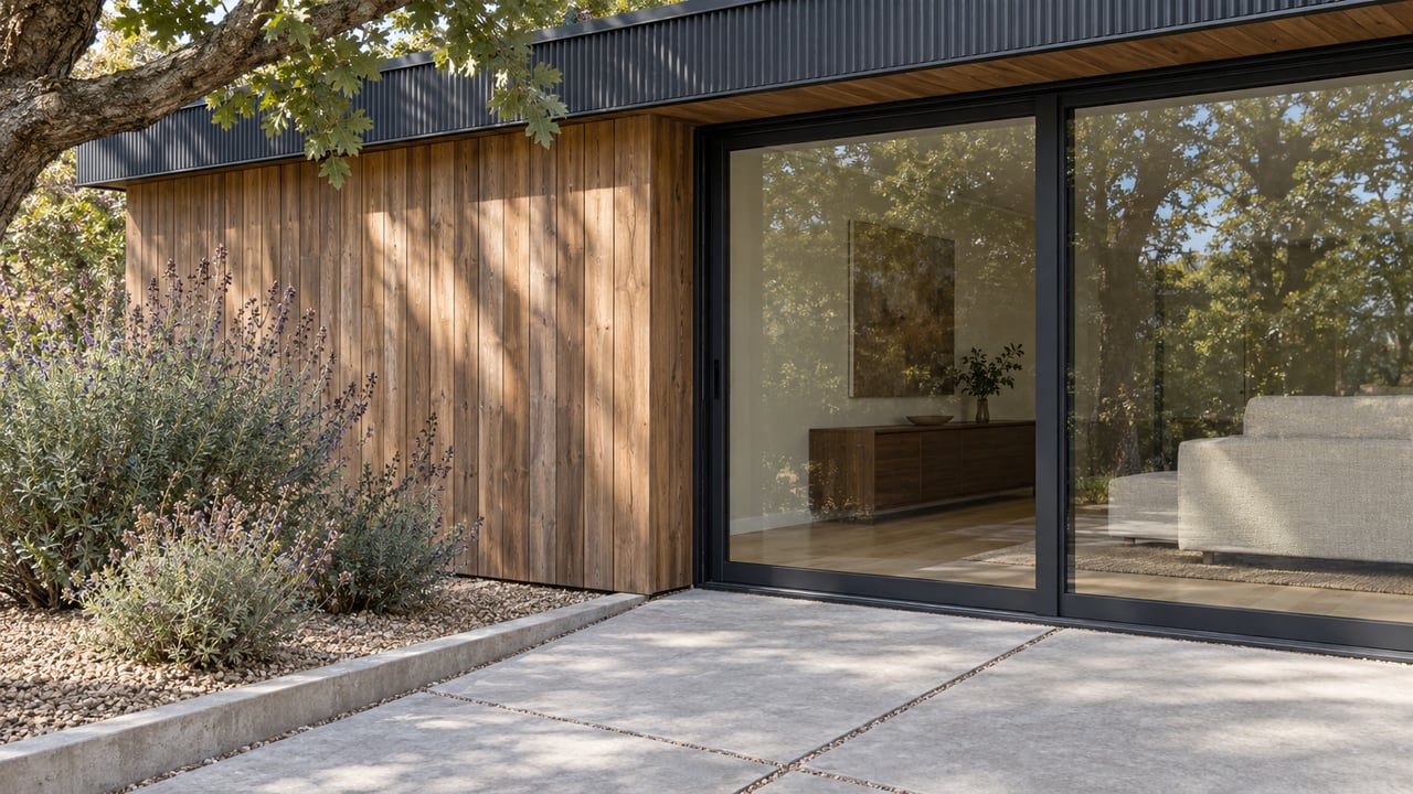 Weathered cedar and black-framed sliding glass meet a concrete terrace, with an oak branch overhead and sage in an edged gravel bed.