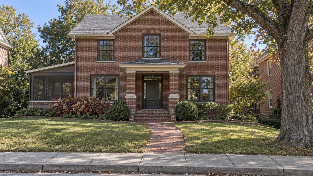 Two-story brick home with dark gridded windows, a covered porch, a brick garden walk and a mature oak in early autumn.