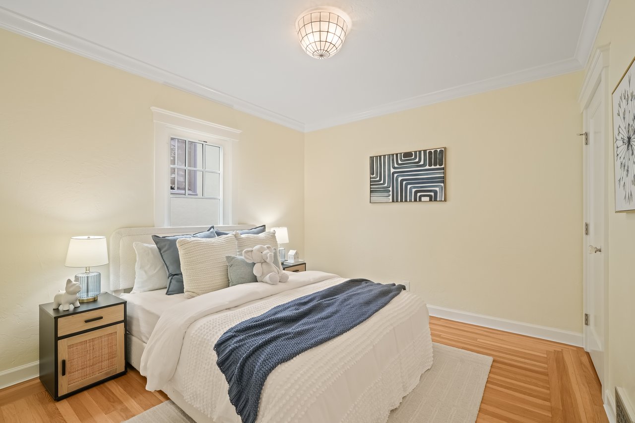 Bedroom in Menlo Park with a modern light and neutral colors and hardwood floors