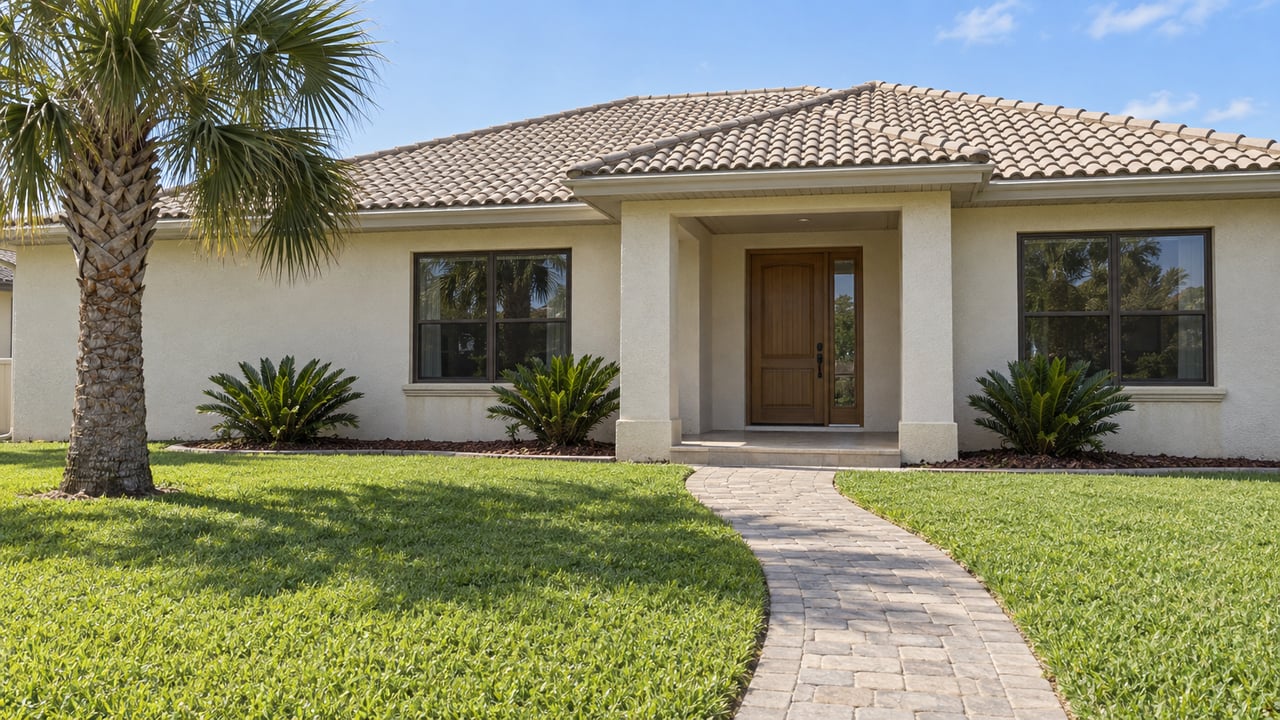 Cream-stucco home with a shaded entry, curved paver walk, broad lawn, and a mature palm.