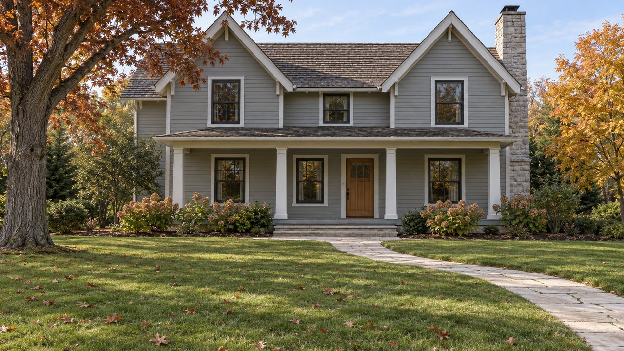 Gray clapboard home with steep gables, a covered porch and a broad autumn lawn framed by mature oak and maple trees.